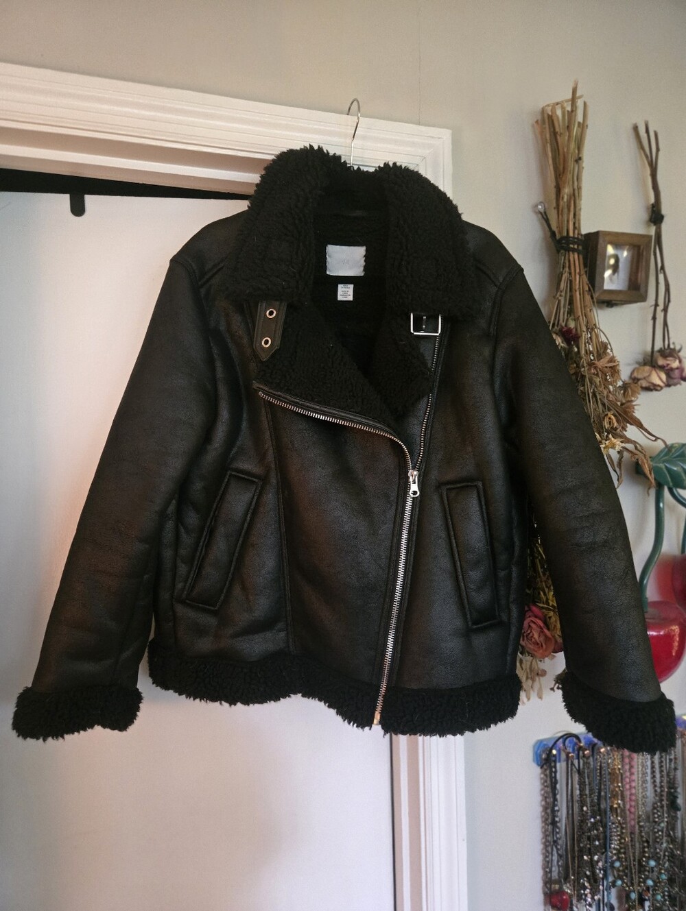 Moto Jacket Faux Leather Shearling Lined Boxy Winter Coat Md